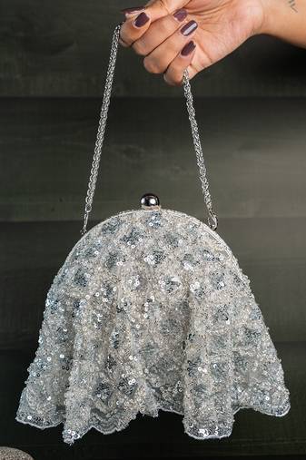 Silver thread embroidered silk clutch