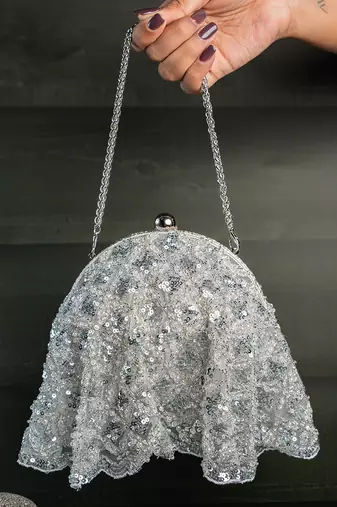 Silver thread embroidered silk clutch