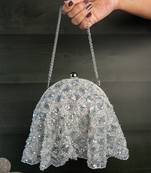 Silver thread embroidered silk clutch