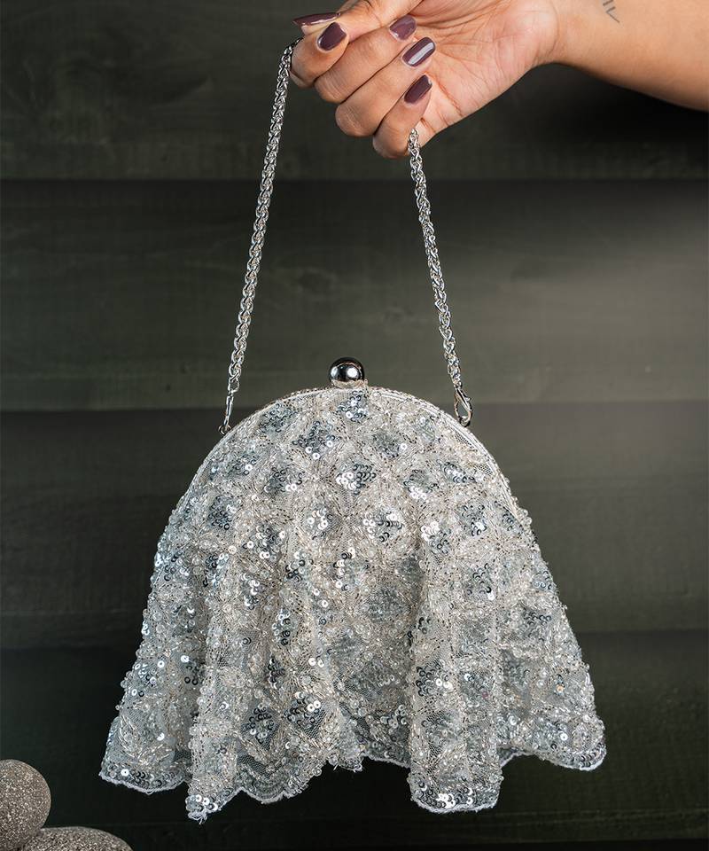 Silver thread embroidered silk clutch