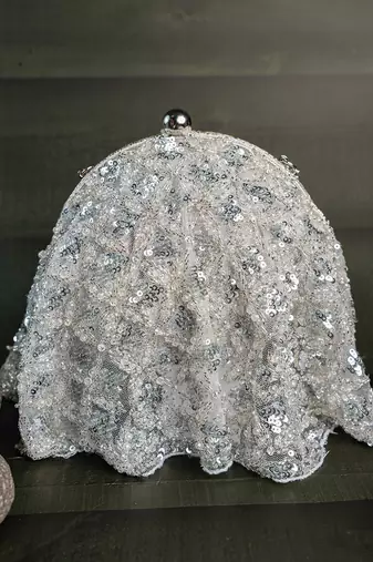 Silver thread embroidered silk clutch