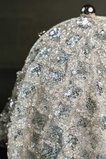 Silver thread embroidered silk clutch