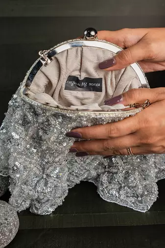 Silver thread embroidered silk clutch