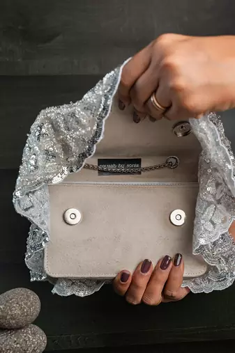 Silver embroidered silk handbag