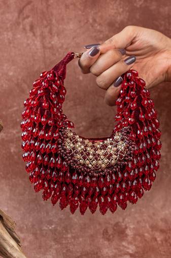 Red crystal beaded suede lattice garnet bag