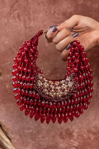 Red crystal beaded suede lattice garnet bag