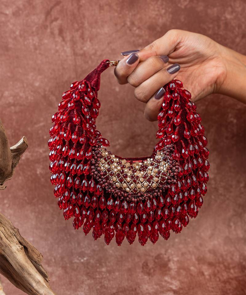 Red crystal beaded suede lattice garnet bag