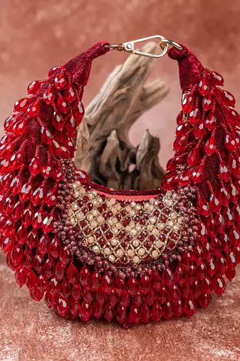 Red crystal beaded suede lattice garnet bag