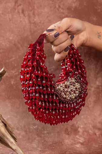 Red crystal beaded suede lattice garnet bag