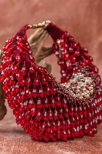 Red crystal beaded suede lattice garnet bag