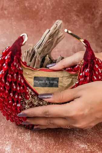 Red crystal beaded suede lattice garnet bag