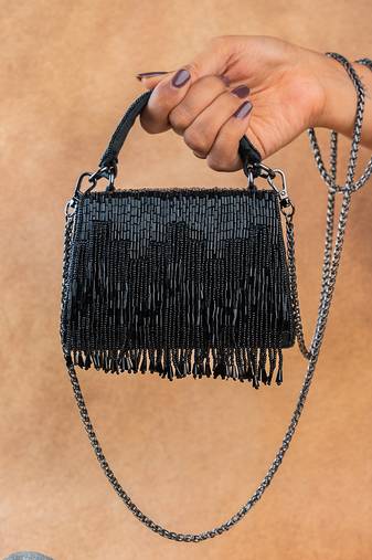 Black beaded silk tassel handbag