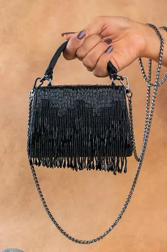 Black beaded silk tassel handbag