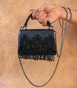 Black beaded silk tassel handbag