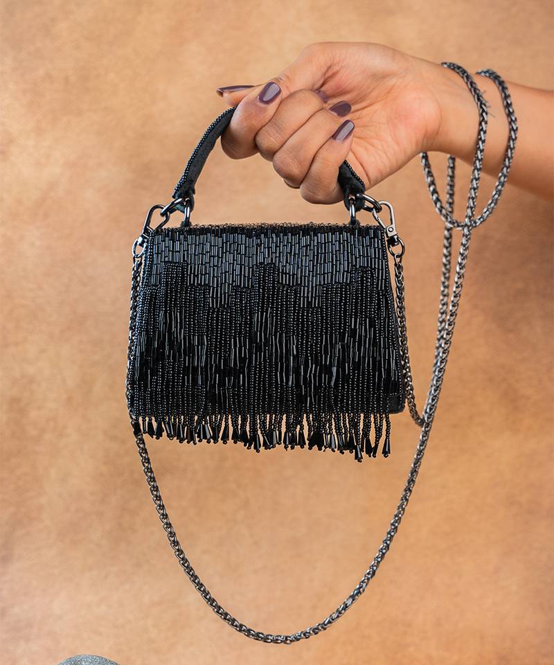 Black beaded silk tassel handbag