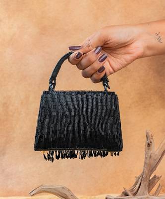 Black beaded silk tassel handbag 2