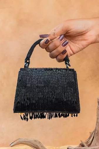 Black beaded silk tassel handbag