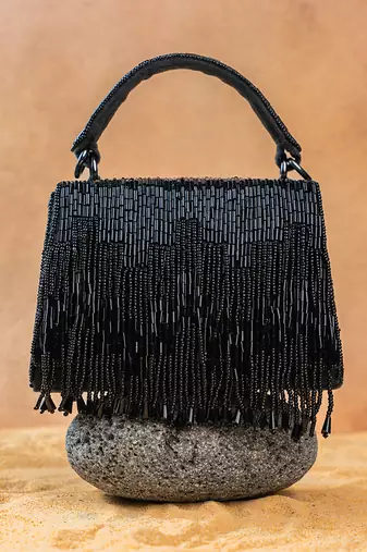 Black beaded silk tassel handbag
