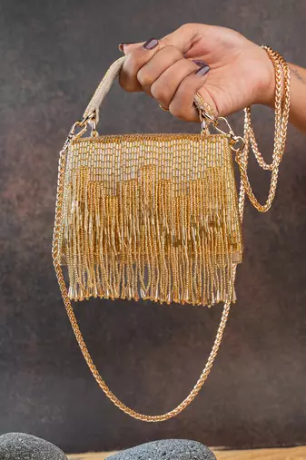 Gold beaded silk tassel handbag