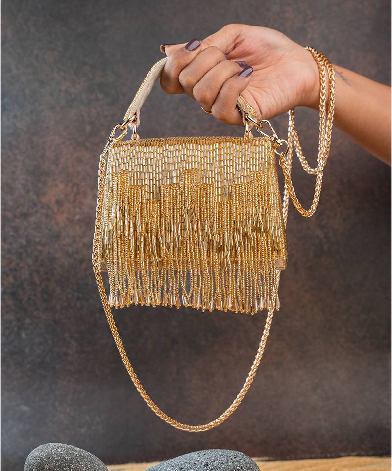 Gold beaded silk tassel handbag