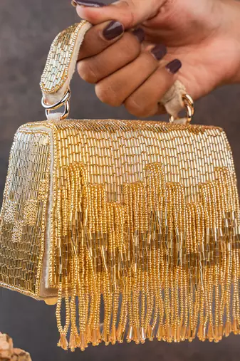 Gold beaded silk tassel handbag