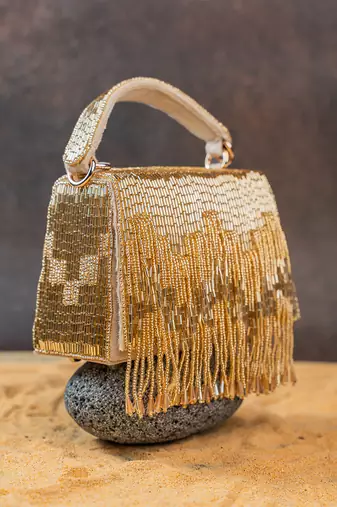 Gold beaded silk tassel handbag