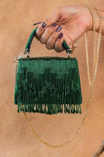 Emerald green mini beaded silk handbag
