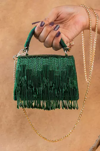 Emerald green mini beaded silk handbag