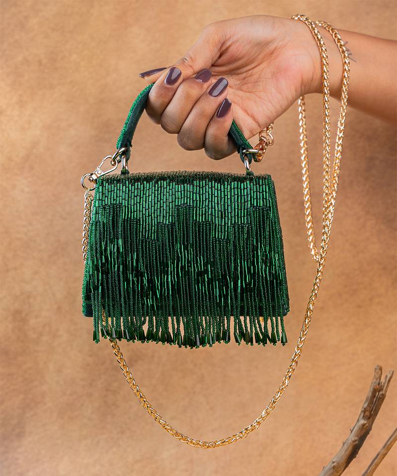Emerald green mini beaded silk handbag