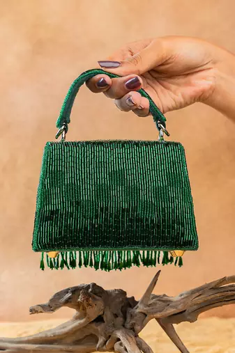 Emerald green mini beaded silk handbag