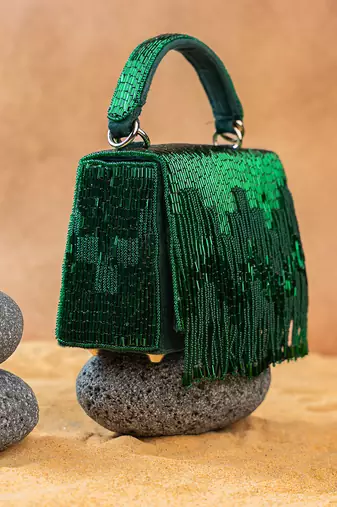 Emerald green mini beaded silk handbag