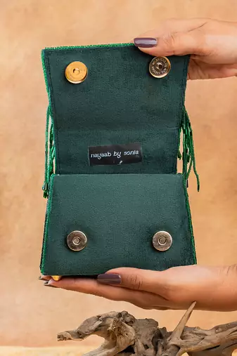 Emerald green mini beaded silk handbag
