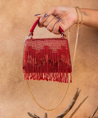 Crimson red beaded silk tassel handbag 1