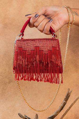 Crimson red beaded silk tassel handbag