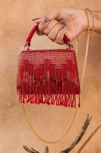 Crimson red beaded silk tassel handbag