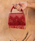 Crimson red beaded silk tassel handbag