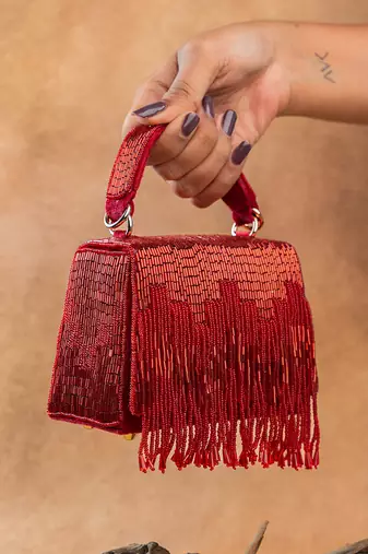 Crimson red beaded silk tassel handbag