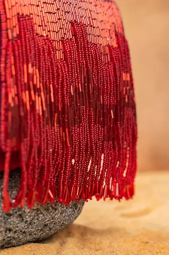 Crimson red beaded silk tassel handbag