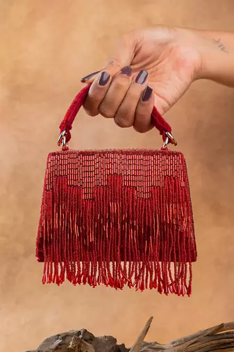 Crimson red beaded silk tassel handbag