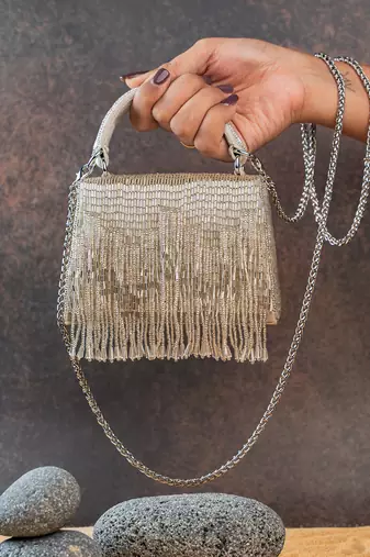 Ivory silver beaded silk handbag
