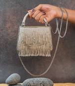 Ivory silver beaded silk handbag