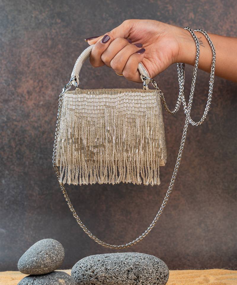 Ivory silver beaded silk handbag