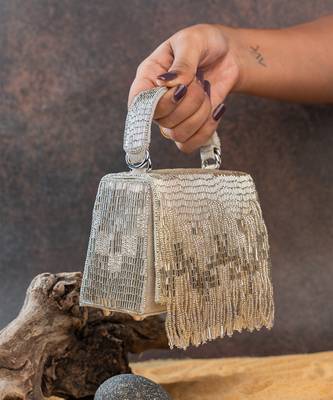 Ivory silver beaded silk handbag 2