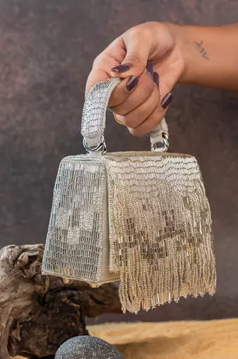 Ivory silver beaded silk handbag