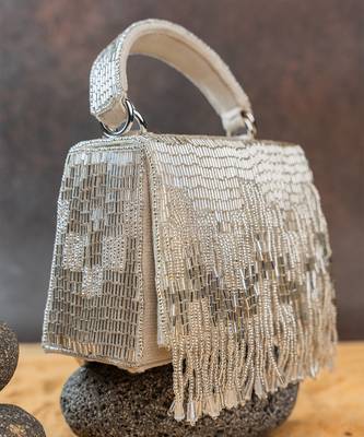 Ivory silver beaded silk handbag 4