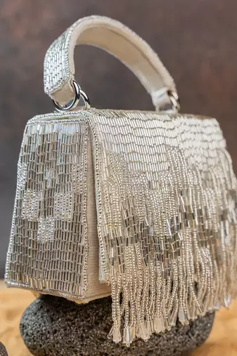 Ivory silver beaded silk handbag