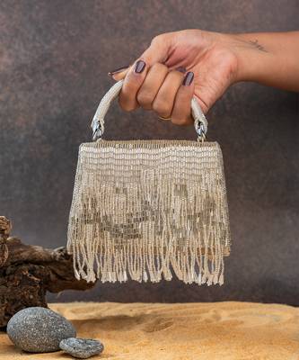 Ivory silver beaded silk handbag 5