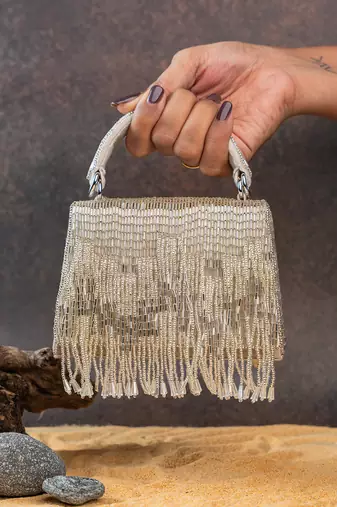 Ivory silver beaded silk handbag