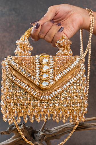 Gold crystal handcrafted silk bag