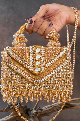 Gold crystal handcrafted silk bag
